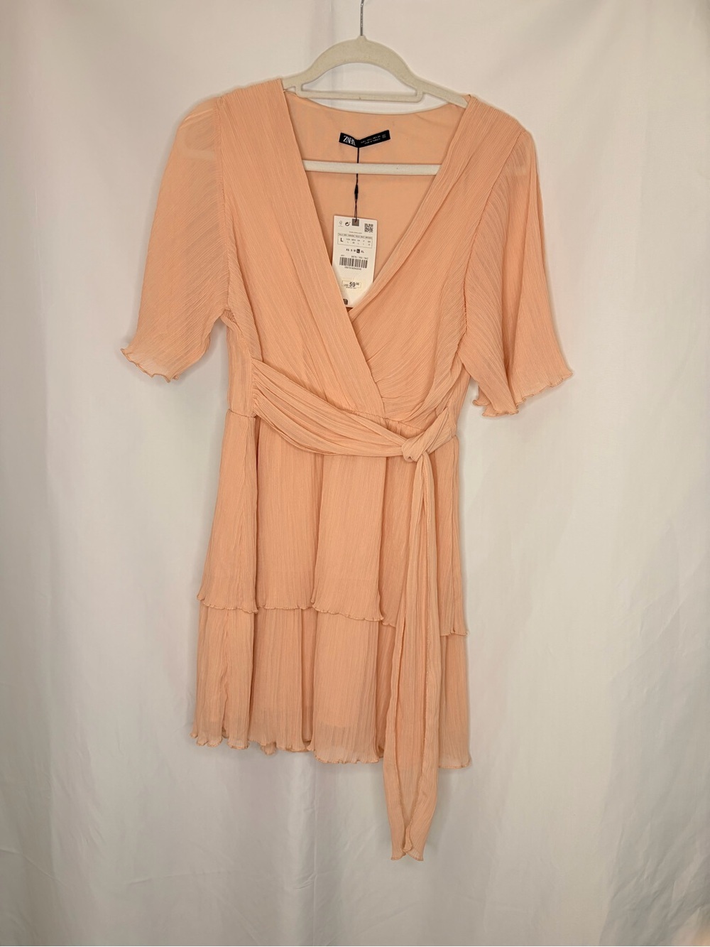 Zara NWT Textured Wrap Mini Dress Peach Blush Tiered Ruffle Size Large - Picture 2 of 9